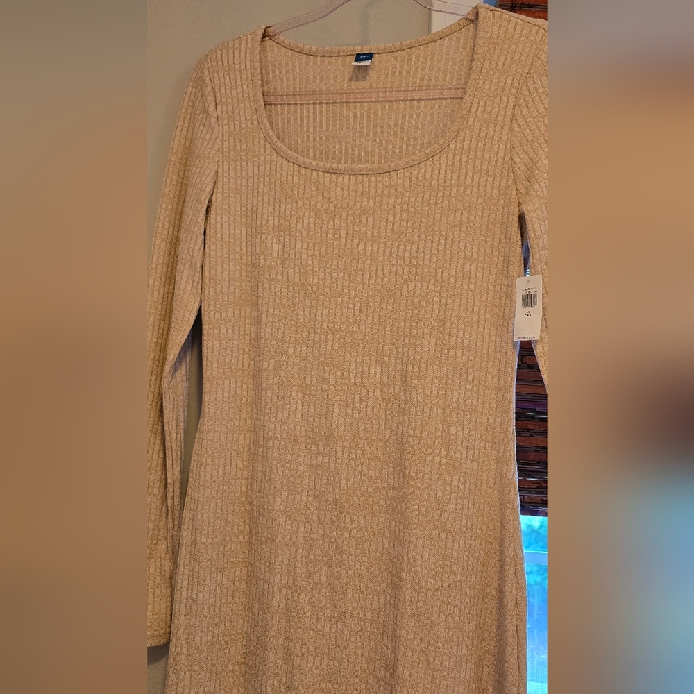 Cream Long Sleeve Ribbed Dress